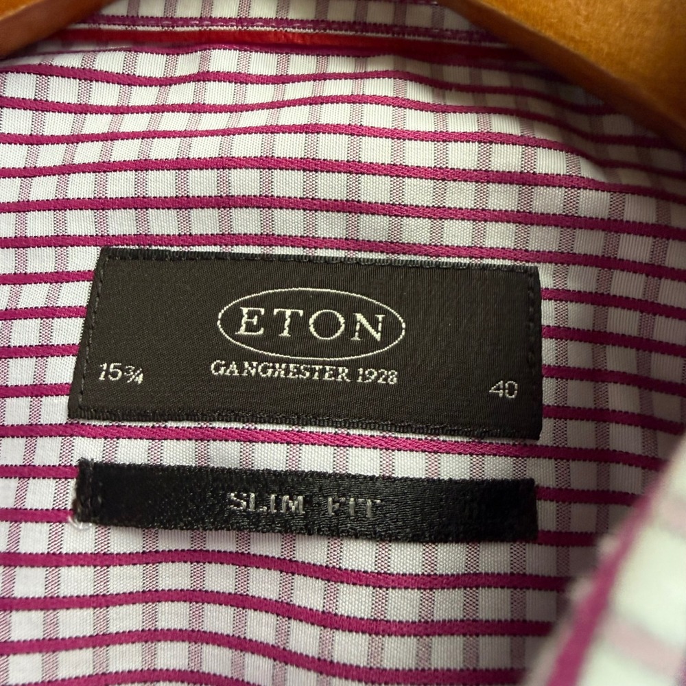 Eton Ganghester 1928 Slim Fit Dress Shirt Purple White Micro Check 15.75 40 - Picture 2 of 9